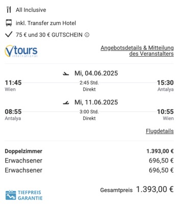 Dieses Angebot ist nur ein Beispiel, Abflughäfen und Reisedaten könnt ihr ganz einfach unter "𝗭𝗨𝗠 𝗗𝗘𝗔𝗟" individuell einstellen. Reisepreise, vor allem bei Lastminute-Abreisen, können sich außerdem rasant ändern; sollte dieser Dealpreis nicht mehr verfügbar sein, dann zeigt euch unser System automatisch den neuen Bestpreis an. 😊