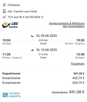  Dieses Angebot ist nur ein Beispiel, Abflughäfen und Reisedaten könnt ihr ganz einfach unter "𝗭𝗨𝗠 𝗗𝗘𝗔𝗟" individuell einstellen. Reisepreise, vor allem bei Lastminute-Abreisen, können sich außerdem rasant ändern; sollte dieser Dealpreis nicht mehr verfügbar sein, dann zeigt euch unser System automatisch den neuen Bestpreis an.