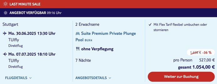 Dieses Angebot ist nur ein Beispiel, Abflughäfen und Reisedaten könnt ihr ganz einfach unter "𝗭𝗨𝗠 𝗗𝗘𝗔𝗟" individuell einstellen. Reisepreise, vor allem bei Lastminute-Abreisen, können sich außerdem rasant ändern; sollte dieser Dealpreis nicht mehr verfügbar sein, dann zeigt euch unser System automatisch den neuen Bestpreis an. 😊