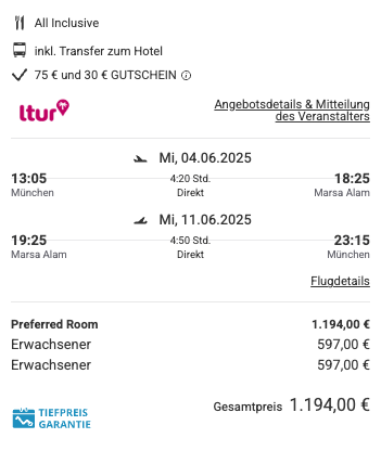 Dieses Angebot ist nur ein Beispiel, Abflughäfen und Reisedaten könnt ihr ganz einfach unter "𝗭𝗨𝗠 𝗗𝗘𝗔𝗟" individuell einstellen. Reisepreise, vor allem bei Lastminute-Abreisen, können sich außerdem rasant ändern; sollte dieser Dealpreis nicht mehr verfügbar sein, dann zeigt euch unser System automatisch den neuen Bestpreis an. 😊