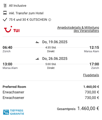 Dieses Angebot ist nur ein Beispiel, Abflughäfen und Reisedaten könnt ihr ganz einfach unter "𝗭𝗨𝗠 𝗗𝗘𝗔𝗟" individuell einstellen. Reisepreise, vor allem bei Lastminute-Abreisen, können sich außerdem rasant ändern; sollte dieser Dealpreis nicht mehr verfügbar sein, dann zeigt euch unser System automatisch den neuen Bestpreis an. 😊