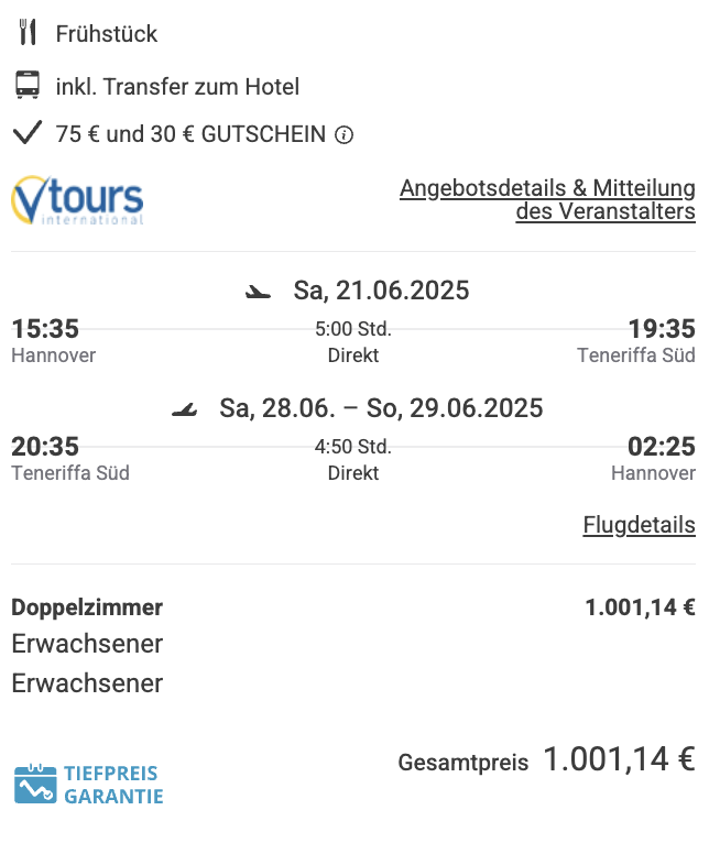 Dieses Angebot ist nur ein Beispiel, Abflughäfen und Reisedaten könnt ihr ganz einfach unter "𝗭𝗨𝗠 𝗗𝗘𝗔𝗟" individuell einstellen. Reisepreise, vor allem bei Lastminute-Abreisen, können sich außerdem rasant ändern; sollte dieser Dealpreis nicht mehr verfügbar sein, dann zeigt euch unser System automatisch den neuen Bestpreis an.