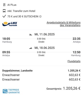 Dieses Angebot ist nur ein Beispiel, Abflughäfen und Reisedaten könnt ihr ganz einfach unter "𝗭𝗨𝗠 𝗗𝗘𝗔𝗟" individuell einstellen. Reisepreise, vor allem bei Lastminute-Abreisen, können sich außerdem rasant ändern; sollte dieser Dealpreis nicht mehr verfügbar sein, dann zeigt euch unser System automatisch den neuen Bestpreis an. 😊