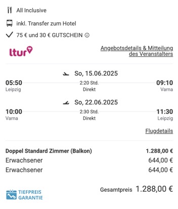 Dieses Angebot ist nur ein Beispiel, Abflughäfen und Reisedaten könnt ihr ganz einfach unter "𝗭𝗨𝗠 𝗗𝗘𝗔𝗟" individuell einstellen. Reisepreise, vor allem bei Lastminute-Abreisen, können sich außerdem rasant ändern; sollte dieser Dealpreis nicht mehr verfügbar sein, dann zeigt euch unser System automatisch den neuen Bestpreis an. 😊