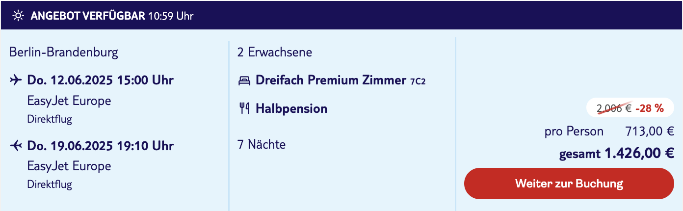 Dieses Angebot ist nur ein Beispiel, Abflughäfen und Reisedaten könnt ihr ganz einfach unter "𝗭𝗨𝗠 𝗗𝗘𝗔𝗟" individuell einstellen. Reisepreise, vor allem bei Lastminute-Abreisen, können sich außerdem rasant ändern; sollte dieser Dealpreis nicht mehr verfügbar sein, dann zeigt euch unser System automatisch den neuen Bestpreis an.