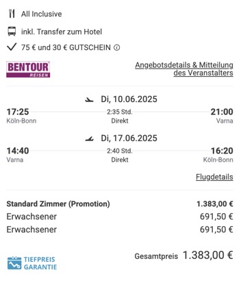 Dieses Angebot ist nur ein Beispiel, Abflughäfen und Reisedaten könnt ihr ganz einfach unter "𝗭𝗨𝗠 𝗗𝗘𝗔𝗟" individuell einstellen. Reisepreise, vor allem bei Lastminute-Abreisen, können sich außerdem rasant ändern; sollte dieser Dealpreis nicht mehr verfügbar sein, dann zeigt euch unser System automatisch den neuen Bestpreis an. 😊