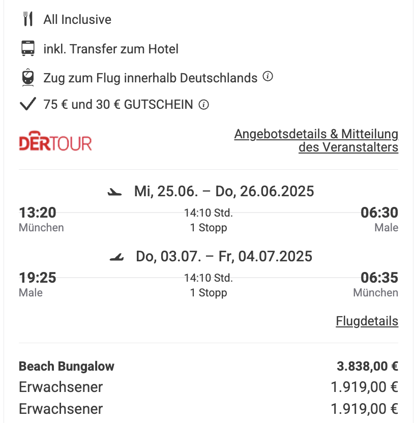 Dieses Angebot ist nur ein Beispiel, Abflughäfen und Reisedaten könnt ihr ganz einfach unter "𝗭𝗨𝗠 𝗗𝗘𝗔𝗟" individuell einstellen. Reisepreise, vor allem bei Lastminute-Abreisen, können sich außerdem rasant ändern; sollte dieser Dealpreis nicht mehr verfügbar sein, dann zeigt euch unser System automatisch den neuen Bestpreis an. 😊
