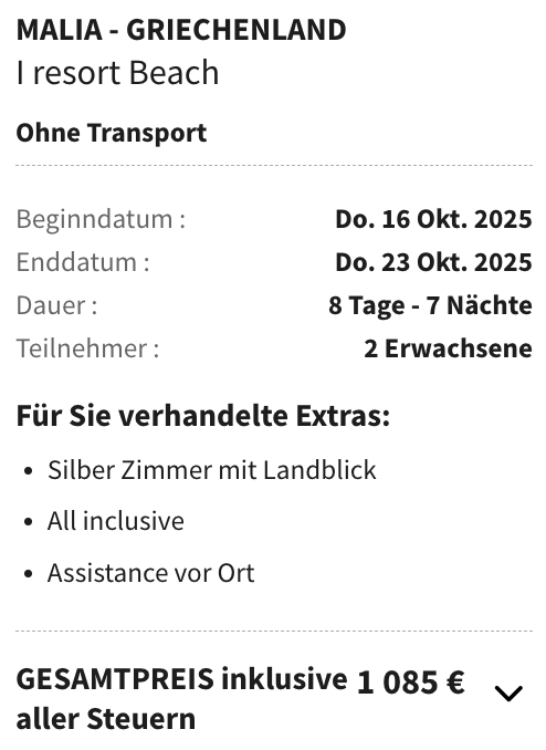 Dieses Angebot ist nur ein Beispiel, Abflughäfen und Reisedaten könnt ihr ganz einfach unter "𝗭𝗨𝗠 𝗗𝗘𝗔𝗟" individuell einstellen. Reisepreise, vor allem bei Lastminute-Abreisen, können sich außerdem rasant ändern; sollte dieser Dealpreis nicht mehr verfügbar sein, dann zeigt euch unser System automatisch den neuen Bestpreis an. 😊