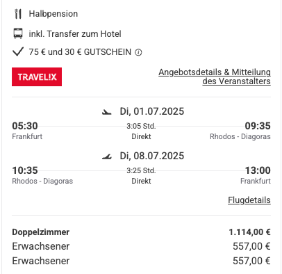 Dieses Angebot ist nur ein Beispiel, Abflughäfen und Reisedaten könnt ihr ganz einfach unter "𝗭𝗨𝗠 𝗗���𝗘𝗔𝗟" individuell einstellen. Reisepreise, vor allem bei Lastminute-Abreisen, können sich außerdem rasant ändern; sollte dieser Dealpreis nicht mehr verfügbar sein, dann zeigt euch unser System automatisch den neuen Bestpreis an. 😊