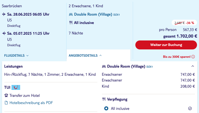 Dieses Angebot ist nur ein Beispiel, Abflughäfen und Reisedaten könnt ihr ganz einfach unter "𝗭𝗨𝗠 𝗗𝗘𝗔𝗟" individuell einstellen. Reisepreise, vor allem bei Lastminute-Abreisen, können sich außerdem rasant ändern; sollte dieser Dealpreis nicht mehr verfügbar sein, dann zeigt euch unser System automatisch den neuen Bestpreis an. 😊