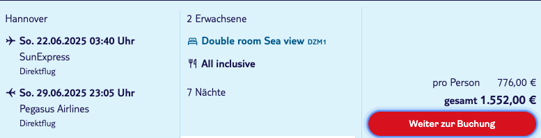 Dieses Angebot ist nur ein Beispiel, Abflughäfen und Reisedaten könnt ihr ganz einfach unter "𝗭𝗨𝗠 𝗗𝗘𝗔𝗟" individuell einstellen. Reisepreise, vor allem bei Lastminute-Abreisen, können sich außerdem rasant ändern; sollte dieser Dealpreis nicht mehr verfügbar sein, dann zeigt euch unser System automatisch den neuen Bestpreis an. 😊