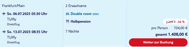 Dieses Angebot ist nur ein Beispiel, Abflughäfen und Reisedaten könnt ihr ganz einfach unter "𝗭𝗨𝗠 𝗗𝗘𝗔𝗟" individuell einstellen. Reisepreise, vor allem bei Lastminute-Abreisen, können sich außerdem rasant ändern; sollte dieser Dealpreis nicht mehr verfügbar sein, dann zeigt euch unser System automatisch den neuen Bestpreis an. 😊