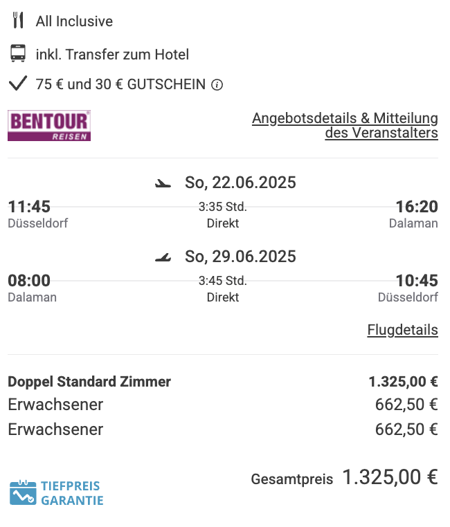 Dieses Angebot ist nur ein Beispiel, Abflughäfen und Reisedaten könnt ihr ganz einfach unter "𝗭𝗨𝗠 𝗗𝗘𝗔𝗟" individuell einstellen. Reisepreise, vor allem bei Lastminute-Abreisen, können sich außerdem rasant ändern; sollte dieser Dealpreis nicht mehr verfügbar sein, dann zeigt euch unser System automatisch den neuen Bestpreis an. 😊