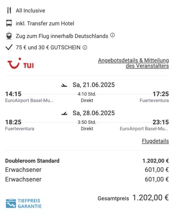 Dieses Angebot ist nur ein Beispiel, Abflughäfen und Reisedaten könnt ihr ganz einfach unter "𝗭𝗨𝗠 𝗗𝗘𝗔𝗟" individuell einstellen. Reisepreise, vor allem bei Lastminute-Abreisen, können sich außerdem rasant ändern; sollte dieser Dealpreis nicht mehr verfügbar sein, dann zeigt euch unser System automatisch den neuen Bestpreis an. 😊