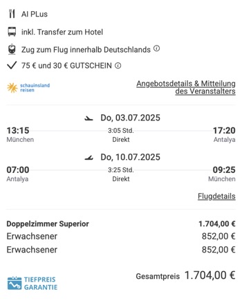 Dieses Angebot ist nur ein Beispiel, Abflughäfen und Reisedaten könnt ihr ganz einfach unter "𝗭𝗨𝗠 𝗗𝗘𝗔𝗟" individuell einstellen. Reisepreise, vor allem bei Lastminute-Abreisen, können sich außerdem rasant ändern; sollte dieser Dealpreis nicht mehr verfügbar sein, dann zeigt euch unser System automatisch den neuen Bestpreis an. 😊