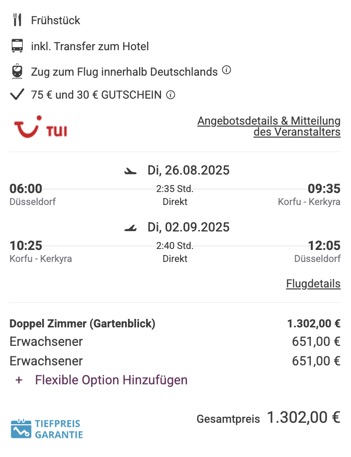 Dieses Angebot ist nur ein Beispiel, Abflughäfen und Reisedaten könnt ihr ganz einfach unter "𝗭𝗨𝗠 𝗗𝗘𝗔𝗟" individuell einstellen. Reisepreise, vor allem bei Lastminute-Abreisen, können sich außerdem rasant ändern; sollte dieser Dealpreis nicht mehr verfügbar sein, dann zeigt euch unser System automatisch den neuen Bestpreis an. 😊