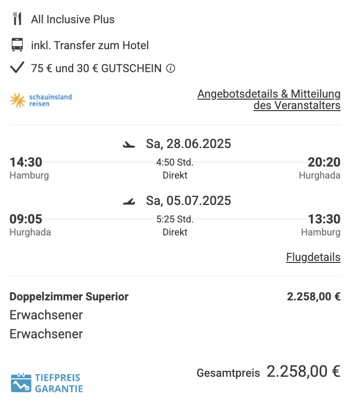 Dieses Angebot ist nur ein Beispiel, Abflughäfen und Reisedaten könnt ihr ganz einfach unter "𝗭𝗨𝗠 𝗗𝗘𝗔𝗟" individuell einstellen. Reisepreise, vor allem bei Lastminute-Abreisen, können sich außerdem rasant ändern; sollte dieser Dealpreis nicht mehr verfügbar sein, dann zeigt euch unser System automatisch den neuen Bestpreis an. 😊