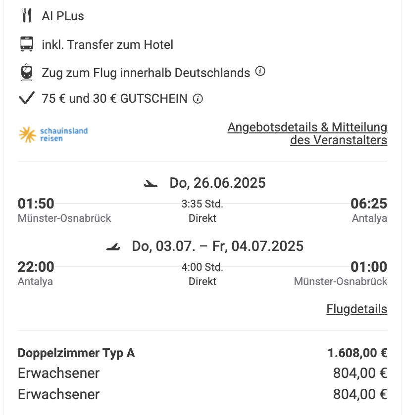 Dieses Angebot ist nur ein Beispiel, Abflughäfen und Reisedaten könnt ihr ganz einfach unter "𝗭𝗨𝗠 𝗗𝗘𝗔𝗟" individuell einstellen. Reisepreise, vor allem bei Lastminute-Abreisen, können sich außerdem rasant ändern; sollte dieser Dealpreis nicht mehr verfügbar sein, dann zeigt euch unser System automatisch den neuen Bestpreis an. 😊