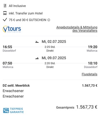 Dieses Angebot ist nur ein Beispiel, Abflughäfen und Reisedaten könnt ihr ganz einfach unter "𝗭𝗨𝗠 𝗗𝗘𝗔𝗟" individuell einstellen. Reisepreise, vor allem bei Lastminute-Abreisen, können sich außerdem rasant ändern; sollte dieser Dealpreis nicht mehr verfügbar sein, dann zeigt euch unser System automatisch den neuen Bestpreis an. 😊