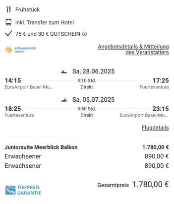 Dieses Angebot ist nur ein Beispiel, Abflughäfen und Reisedaten könnt ihr ganz einfach unter "𝗭𝗨𝗠 𝗗𝗘𝗔𝗟" individuell einstellen. Reisepreise, vor allem bei Lastminute-Abreisen, können sich außerdem rasant ändern; sollte dieser Dealpreis nicht mehr verfügbar sein, dann zeigt euch unser System automatisch den neuen Bestpreis an. 😊