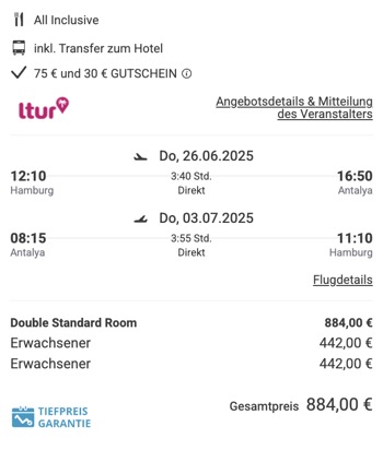 Dieses Angebot ist nur ein Beispiel, Abflughäfen und Reisedaten könnt ihr ganz einfach unter "𝗭𝗨𝗠 𝗗𝗘𝗔𝗟" individuell einstellen. Reisepreise, vor allem bei Lastminute-Abreisen, können sich außerdem rasant ändern; sollte dieser Dealpreis nicht mehr verfügbar sein, dann zeigt euch unser System automatisch den neuen Bestpreis an. 😊