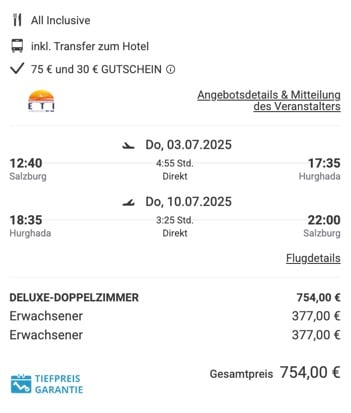 Dieses Angebot ist nur ein Beispiel, Abflughäfen und Reisedaten könnt ihr ganz einfach unter "𝗭𝗨𝗠 𝗗𝗘𝗔𝗟" individuell einstellen. Reisepreise, vor allem bei Lastminute-Abreisen, können sich außerdem rasant ändern; sollte dieser Dealpreis nicht mehr verfügbar sein, dann zeigt euch unser System automatisch den neuen Bestpreis an. 😊
