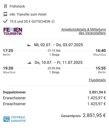 Dieses Angebot ist nur ein Beispiel, Abflughäfen und Reisedaten könnt ihr ganz einfach unter "𝗭𝗨𝗠 𝗗𝗘𝗔𝗟" individuell einstellen. Reisepreise, vor allem bei Lastminute-Abreisen, können sich außerdem rasant ändern; sollte dieser Dealpreis nicht mehr verfügbar sein, dann zeigt euch unser System automatisch den neuen Bestpreis an. 😊