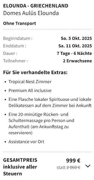 Dieses Angebot ist nur ein Beispiel, Abflughäfen und Reisedaten könnt ihr ganz einfach unter "𝗭𝗨𝗠 𝗗𝗘𝗔𝗟" individuell einstellen. Reisepreise, vor allem bei Lastminute-Abreisen, können sich außerdem rasant ändern; sollte dieser Dealpreis nicht mehr verfügbar sein, dann zeigt euch unser System automatisch den neuen Bestpreis an.