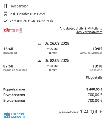 Dieses Angebot ist nur ein Beispiel, Abflughäfen und Reisedaten könnt ihr ganz einfach unter "𝗭𝗨𝗠 𝗗𝗘𝗔𝗟" individuell einstellen. Reisepreise, vor allem bei Lastminute-Abreisen, können sich außerdem rasant ändern; sollte dieser Dealpreis nicht mehr verfügbar sein, dann zeigt euch unser System automatisch den neuen Bestpreis an. 😊