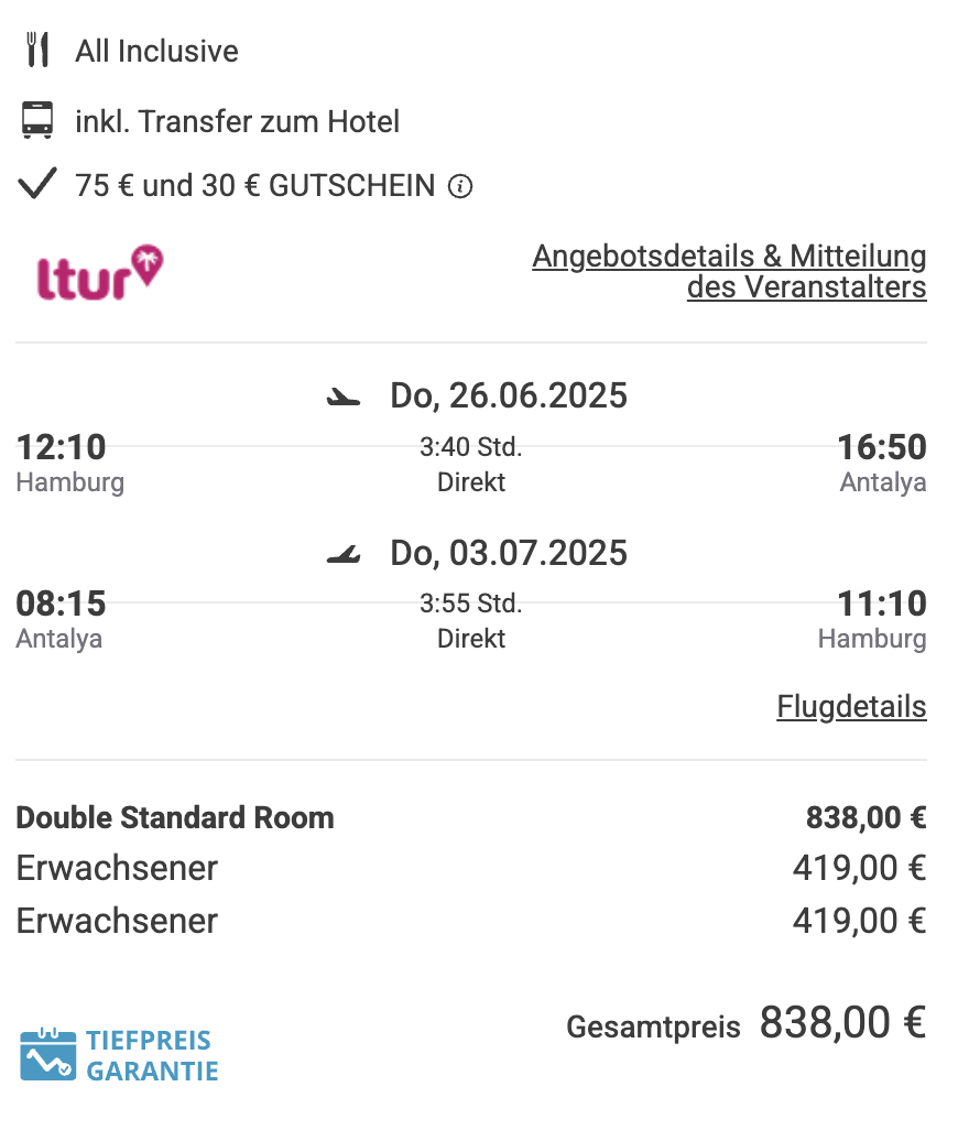 Dieses Angebot ist nur ein Beispiel, Abflughäfen und Reisedaten könnt ihr ganz einfach unter "𝗭𝗨𝗠 𝗗𝗘𝗔𝗟" individuell einstellen. Reisepreise, vor allem bei Lastminute-Abreisen, können sich außerdem rasant ändern; sollte dieser Dealpreis nicht mehr verfügbar sein, dann zeigt euch unser System automatisch den neuen Bestpreis an. 😊