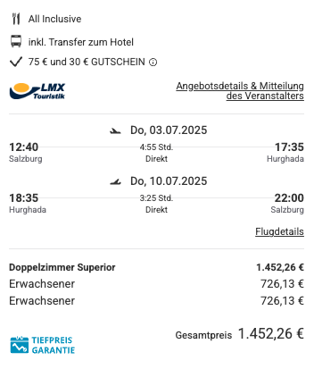 Dieses Angebot ist nur ein Beispiel, Abflughäfen und Reisedaten könnt ihr ganz einfach unter "𝗭𝗨𝗠 𝗗𝗘𝗔𝗟" individuell einstellen. Reisepreise, vor allem bei Lastminute-Abreisen, können sich außerdem rasant ändern; sollte dieser Dealpreis nicht mehr verfügbar sein, dann zeigt euch unser System automatisch den neuen Bestpreis an. 😊