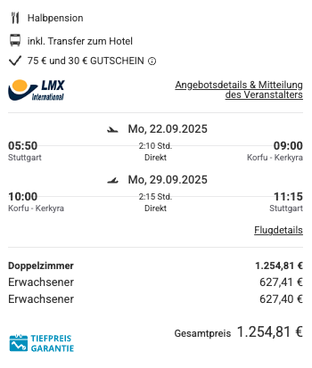 Dieses Angebot ist nur ein Beispiel, Abflughäfen und Reisedaten könnt ihr ganz einfach unter "𝗭𝗨𝗠 𝗗𝗘𝗔𝗟" individuell einstellen. Reisepreise, vor allem bei Lastminute-Abreisen, können sich außerdem rasant ändern; sollte dieser Dealpreis nicht mehr verfügbar sein, dann zeigt euch unser System automatisch den neuen Bestpreis an.