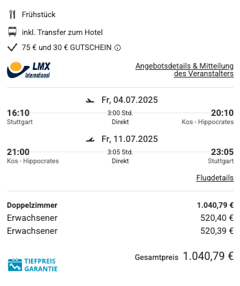 Dieses Angebot ist nur ein Beispiel, Abflughäfen und Reisedaten könnt ihr ganz einfach unter "𝗭𝗨𝗠 𝗗𝗘𝗔𝗟" individuell einstellen. Reisepreise, vor allem bei Lastminute-Abreisen, können sich außerdem rasant ändern; sollte dieser Dealpreis nicht mehr verfügbar sein, dann zeigt euch unser System automatisch den neuen Bestpreis an. 😊