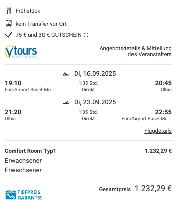 Dieses Angebot ist nur ein Beispiel, Abflughäfen und Reisedaten könnt ihr ganz einfach unter "𝗭𝗨𝗠 𝗗𝗘𝗔𝗟" individuell einstellen. Reisepreise, vor allem bei Lastminute-Abreisen, können sich außerdem rasant ändern; sollte dieser Dealpreis nicht mehr verfügbar sein, dann zeigt euch unser System automatisch den neuen Bestpreis an. 😊