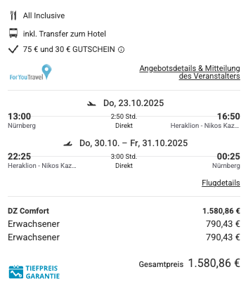 Dieses Angebot ist nur ein Beispiel, Abflughäfen und Reisedaten könnt ihr ganz einfach unter "𝗭𝗨𝗠 𝗗𝗘𝗔𝗟" individuell einstellen. Reisepreise, vor allem bei Lastminute-Abreisen, können sich außerdem rasant ändern; sollte dieser Dealpreis nicht mehr verfügbar sein, dann zeigt euch unser System automatisch den neuen Bestpreis an. 😊