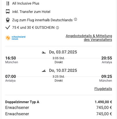 Dieses Angebot ist nur ein Beispiel, Abflughäfen und Reisedaten könnt ihr ganz einfach unter "𝗭𝗨𝗠 𝗗𝗘𝗔𝗟" individuell einstellen. Reisepreise, vor allem bei Lastminute-Abreisen, können sich außerdem rasant ändern; sollte dieser Dealpreis nicht mehr verfügbar sein, dann zeigt euch unser System automatisch den neuen Bestpreis an. 😊