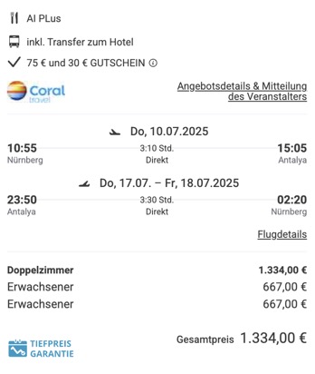 Dieses Angebot ist nur ein Beispiel, Abflughäfen und Reisedaten könnt ihr ganz einfach unter "𝗭𝗨𝗠 𝗗𝗘𝗔𝗟" individuell einstellen. Reisepreise, vor allem bei Lastminute-Abreisen, können sich außerdem rasant ändern; sollte dieser Dealpreis nicht mehr verfügbar sein, dann zeigt euch unser System automatisch den neuen Bestpreis an. 😊