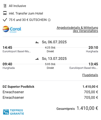 Dieses Angebot ist nur ein Beispiel, Abflughäfen und Reisedaten könnt ihr ganz einfach unter "𝗭𝗨𝗠 𝗗𝗘𝗔𝗟" individuell einstellen. Reisepreise, vor allem bei Lastminute-Abreisen, können sich außerdem rasant ändern; sollte dieser Dealpreis nicht mehr verfügbar sein, dann zeigt euch unser System automatisch den neuen Bestpreis an. 😊