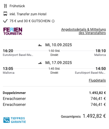 Dieses Angebot ist nur ein Beispiel, Abflughäfen und Reisedaten könnt ihr ganz einfach unter "𝗭𝗨𝗠 𝗗𝗘𝗔𝗟" individuell einstellen. Reisepreise, vor allem bei Lastminute-Abreisen, können sich außerdem rasant ändern; sollte dieser Dealpreis nicht mehr verfügbar sein, dann zeigt euch unser System automatisch den neuen Bestpreis an. 😊