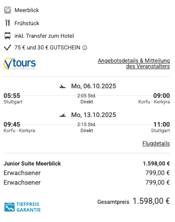 Dieses Angebot ist nur ein Beispiel, Abflughäfen und Reisedaten könnt ihr ganz einfach unter "𝗭𝗨𝗠 𝗗𝗘𝗔𝗟" individuell einstellen. Reisepreise, vor allem bei Lastminute-Abreisen, können sich außerdem rasant ändern; sollte dieser Dealpreis nicht mehr verfügbar sein, dann zeigt euch unser System automatisch den neuen Bestpreis an.