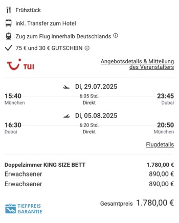 Dieses Angebot ist nur ein Beispiel, Abflughäfen und Reisedaten könnt ihr ganz einfach unter "𝗭𝗨𝗠 𝗗𝗘𝗔𝗟" individuell einstellen. Reisepreise, vor allem bei Lastminute-Abreisen, können sich außerdem rasant ändern; sollte dieser Dealpreis nicht mehr verfügbar sein, dann zeigt euch unser System automatisch den neuen Bestpreis an. 😊