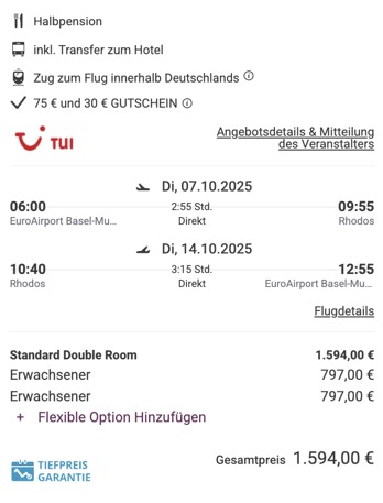 Dieses Angebot ist nur ein Beispiel, Abflughäfen und Reisedaten könnt ihr ganz einfach unter "𝗭𝗨𝗠 𝗗𝗘𝗔𝗟" individuell einstellen. Reisepreise, vor allem bei Lastminute-Abreisen, können sich außerdem rasant ändern; sollte dieser Dealpreis nicht mehr verfügbar sein, dann zeigt euch unser System automatisch den neuen Bestpreis an. 😊