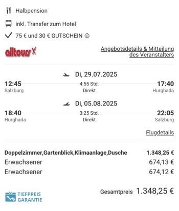 Dieses Angebot ist nur ein Beispiel, Abflughäfen und Reisedaten könnt ihr ganz einfach unter "𝗭𝗨𝗠 𝗗𝗘𝗔𝗟" individuell einstellen. Reisepreise, vor allem bei Lastminute-Abreisen, können sich außerdem rasant ändern; sollte dieser Dealpreis nicht mehr verfügbar sein, dann zeigt euch unser System automatisch den neuen Bestpreis an. 😊
