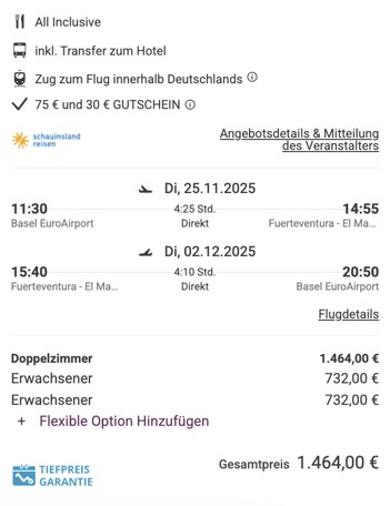 Dieses Angebot ist nur ein Beispiel, Abflughäfen und Reisedaten könnt ihr ganz einfach unter "𝗭𝗨𝗠 𝗗𝗘𝗔𝗟" individuell einstellen. Reisepreise, vor allem bei Lastminute-Abreisen, können sich außerdem rasant ändern; sollte dieser Dealpreis nicht mehr verfügbar sein, dann zeigt euch unser System automatisch den neuen Bestpreis an. 😊