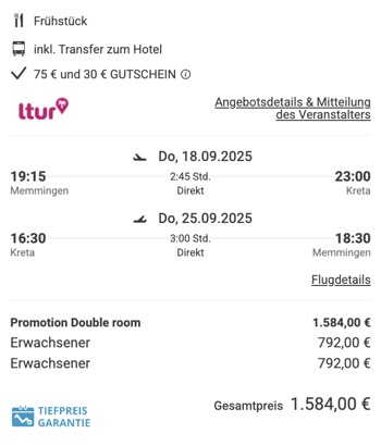 Dieses Angebot ist nur ein Beispiel, Abflughäfen und Reisedaten könnt ihr ganz einfach unter "𝗭𝗨𝗠 𝗗𝗘𝗔𝗟" individuell einstellen. Reisepreise, vor allem bei Lastminute-Abreisen, können sich außerdem rasant ändern; sollte dieser Dealpreis nicht mehr verfügbar sein, dann zeigt euch unser System automatisch den neuen Bestpreis an.