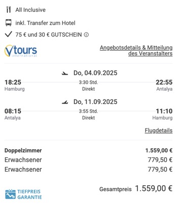 Dieses Angebot ist nur ein Beispiel, Abflughäfen und Reisedaten könnt ihr ganz einfach unter "𝗭𝗨𝗠 𝗗𝗘𝗔𝗟" individuell einstellen. Reisepreise, vor allem bei Lastminute-Abreisen, können sich außerdem rasant ändern; sollte dieser Dealpreis nicht mehr verfügbar sein, dann zeigt euch unser System automatisch den neuen Bestpreis an. 😊