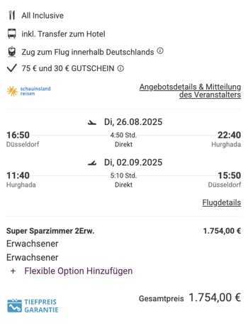 Dieses Angebot ist nur ein Beispiel, Abflughäfen und Reisedaten könnt ihr ganz einfach unter "𝗭𝗨𝗠 𝗗𝗘𝗔𝗟" individuell einstellen. Reisepreise, vor allem bei Lastminute-Abreisen, können sich außerdem rasant ändern; sollte dieser Dealpreis nicht mehr verfügbar sein, dann zeigt euch unser System automatisch den neuen Bestpreis an. 😊
