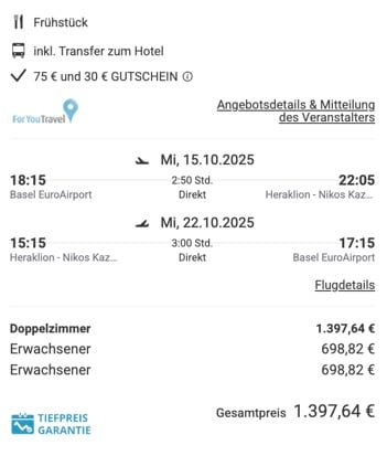 Dieses Angebot ist nur ein Beispiel, Abflughäfen und Reisedaten könnt ihr ganz einfach unter "𝗭𝗨𝗠 𝗗𝗘𝗔𝗟" individuell einstellen. Reisepreise, vor allem bei Lastminute-Abreisen, können sich außerdem rasant ändern; sollte dieser Dealpreis nicht mehr verfügbar sein, dann zeigt euch unser System automatisch den neuen Bestpreis an. 😊