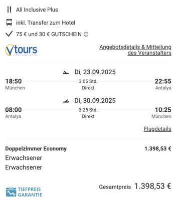 Dieses Angebot ist nur ein Beispiel, Abflughäfen und Reisedaten könnt ihr ganz einfach unter "𝗭𝗨𝗠 𝗗𝗘𝗔𝗟" individuell einstellen. Reisepreise, vor allem bei Lastminute-Abreisen, können sich außerdem rasant ändern; sollte dieser Dealpreis nicht mehr verfügbar sein, dann zeigt euch unser System automatisch den neuen Bestpreis an. 😊