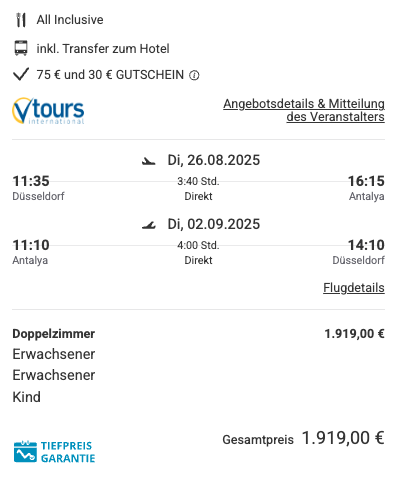 Dieses Angebot ist nur ein Beispiel, Abflughäfen und Reisedaten könnt ihr ganz einfach unter "𝗭𝗨𝗠 𝗗𝗘𝗔𝗟" individuell einstellen. Reisepreise, vor allem bei Lastminute-Abreisen, können sich außerdem rasant ändern; sollte dieser Dealpreis nicht mehr verfügbar sein, dann zeigt euch unser System automatisch den neuen Bestpreis an. 😊
